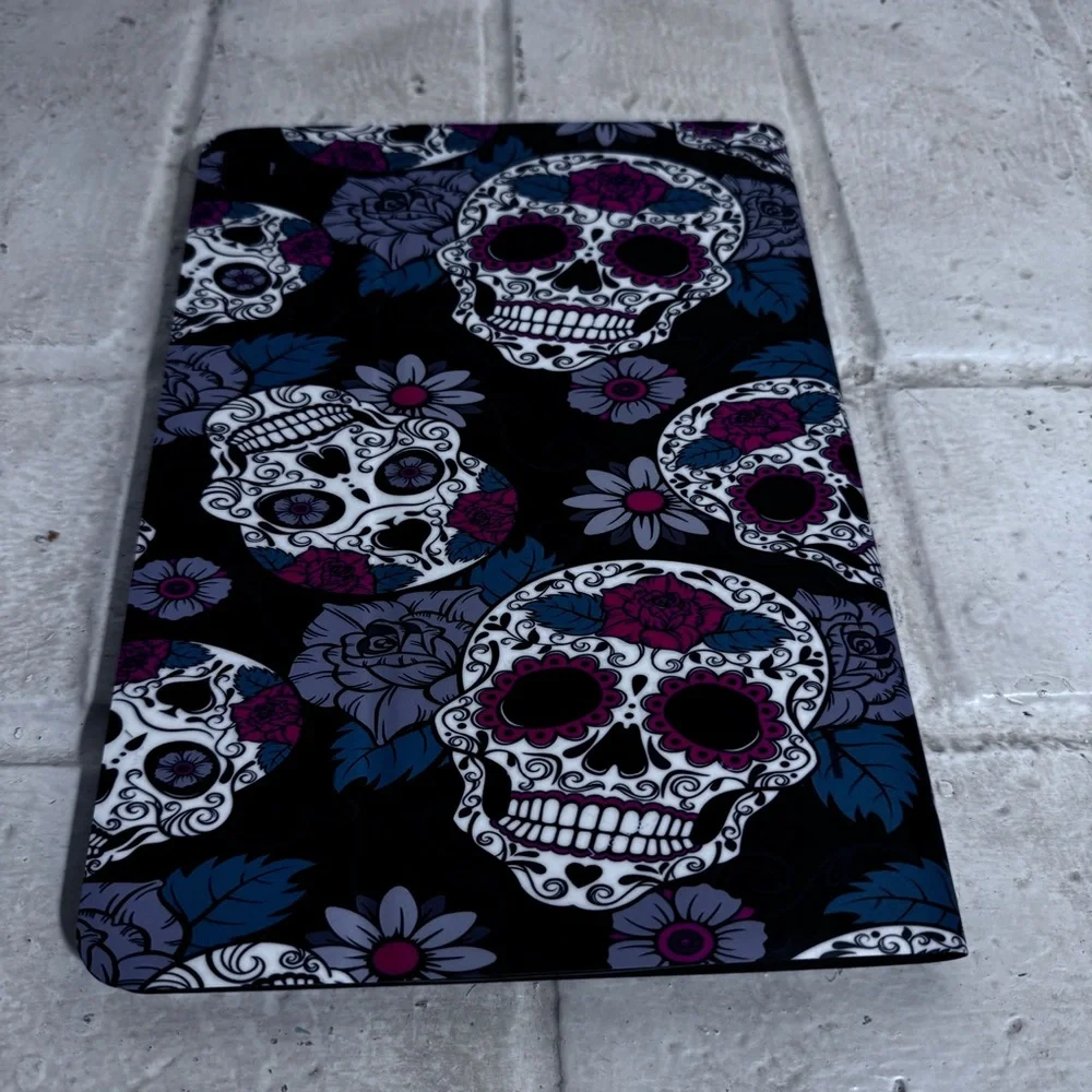 iPad case, Gothic rose sugar skulls, red, black and green